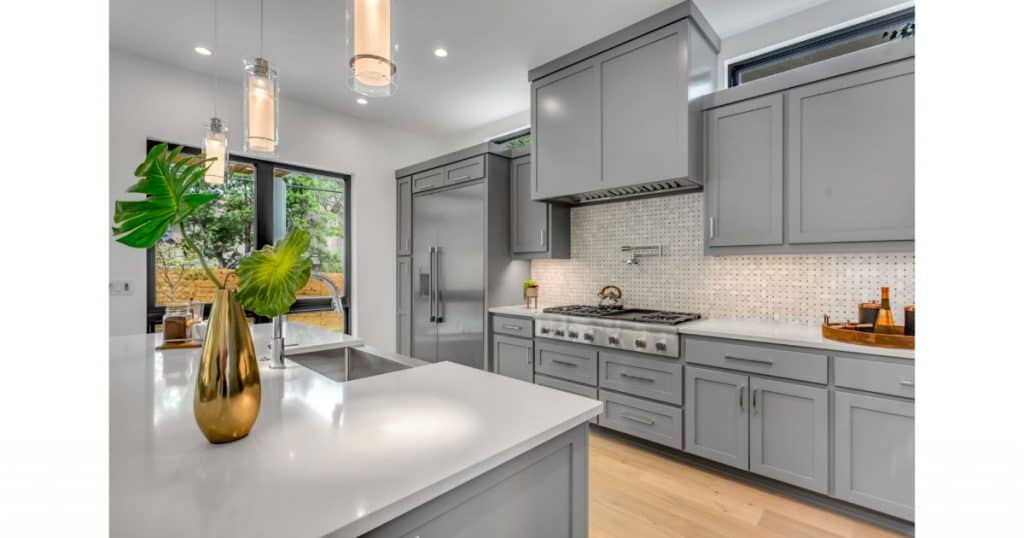 Modern grey recessed kitchen cabinet doors