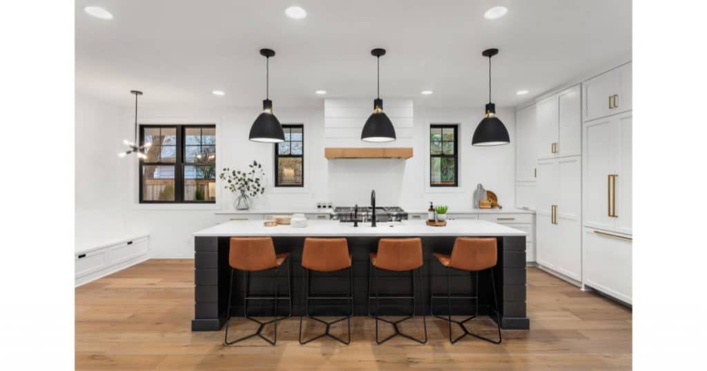 Recessed panel shaker cabinet doors in farmhouse kitchen.
